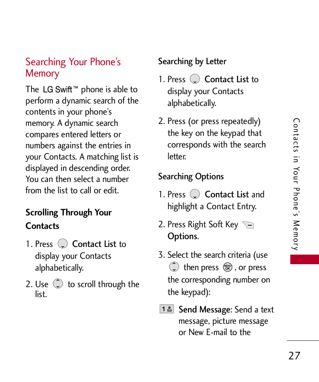 LG Electronics MMBB0309801(1.0) H manual Searching Your Phone’s Memory, Scrolling Through Your Contacts, Press Contact List 