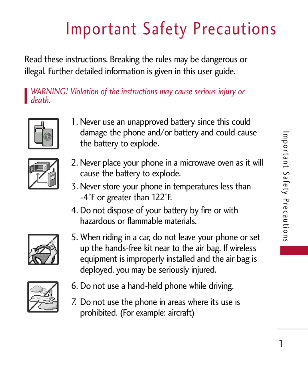 LG Electronics MMBB0309801(1.0) H manual Important Safety Precautions, Do not use a hand-held phone while driving 