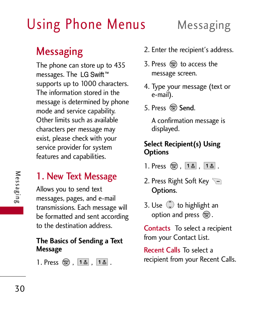 LG Electronics MMBB0309801(1.0) H manual Using Phone Menus, New Text Message, Basics of Sending a Text Message 