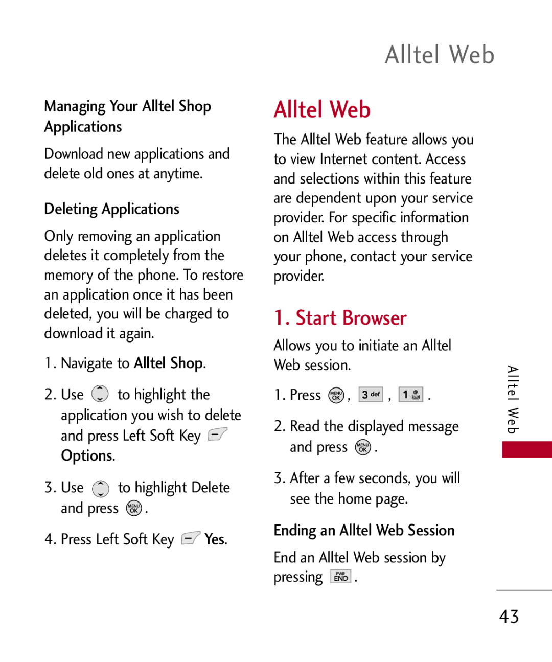 LG Electronics MMBB0309801(1.0) H Alltel Web, Start Browser, Managing Your Alltel Shop Applications, Deleting Applications 