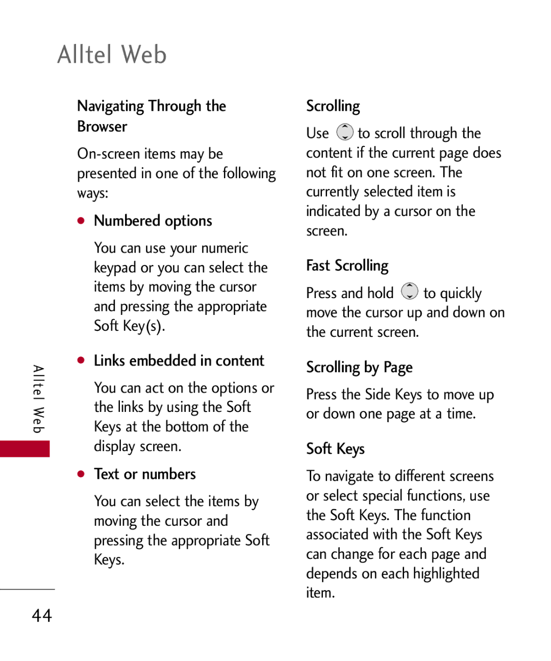 LG Electronics MMBB0309801(1.0) H manual Navigating Through Browser, Numbered options, Text or numbers, Fast Scrolling 