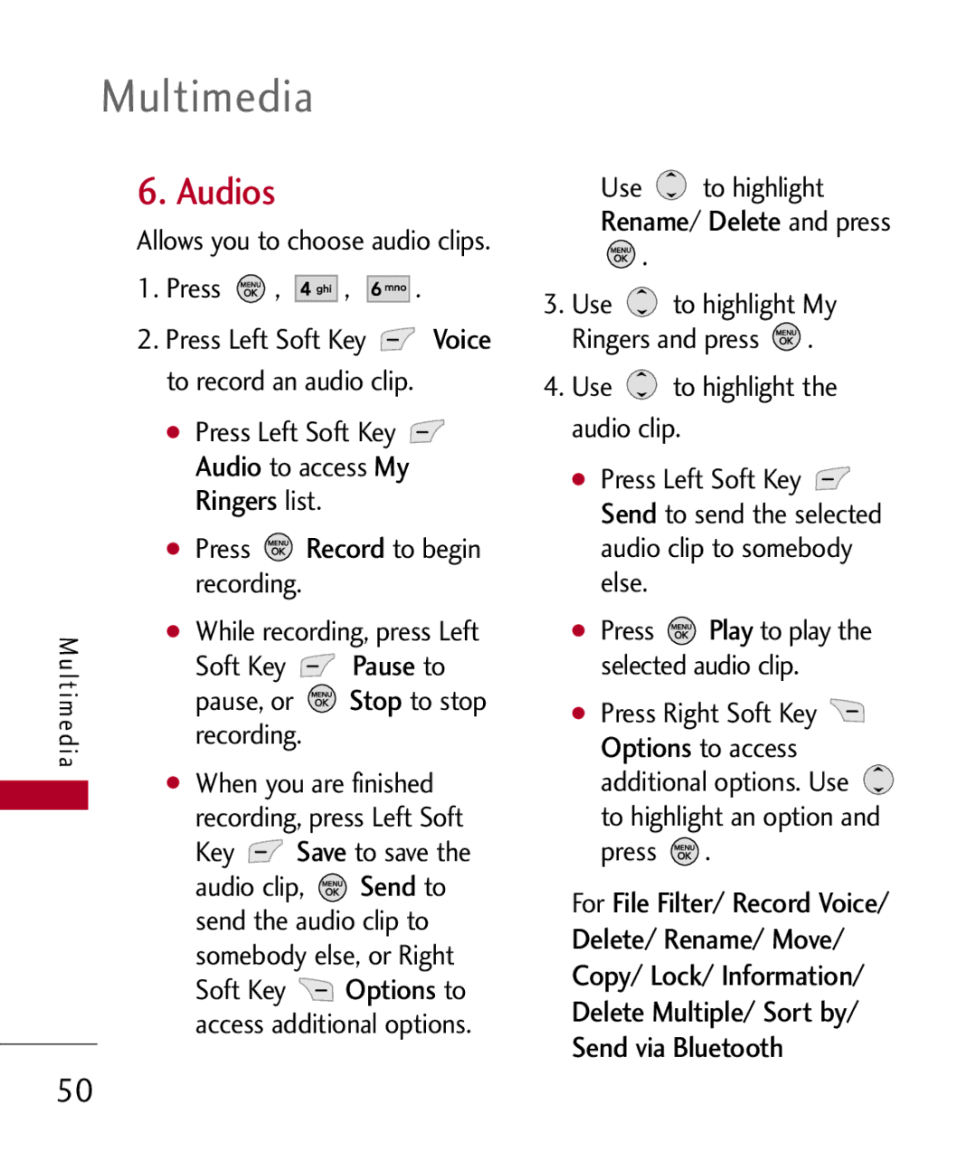 LG Electronics MMBB0309801(1.0) H manual Audios, Ringers, Pause, Stop 