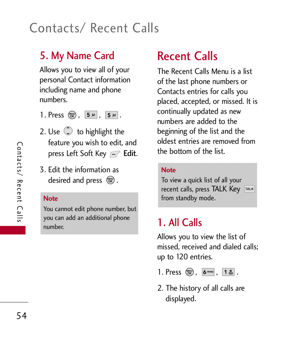 LG Electronics MMBB0309801(1.0) H manual Contacts/ Recent Calls, My Name Card, All Calls 