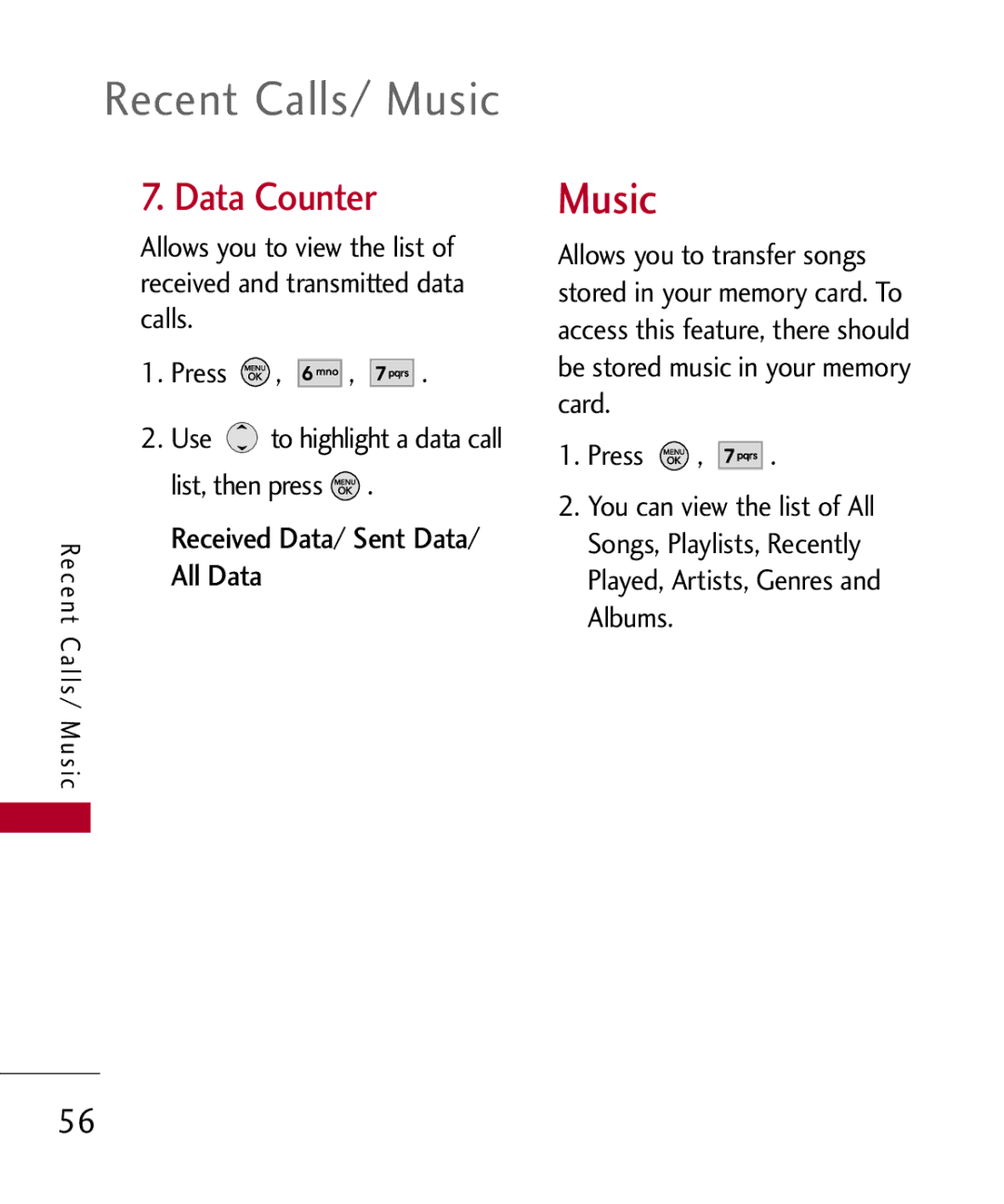 LG Electronics MMBB0309801(1.0) H manual Recent Calls/ Music, Data Counter, All Data 