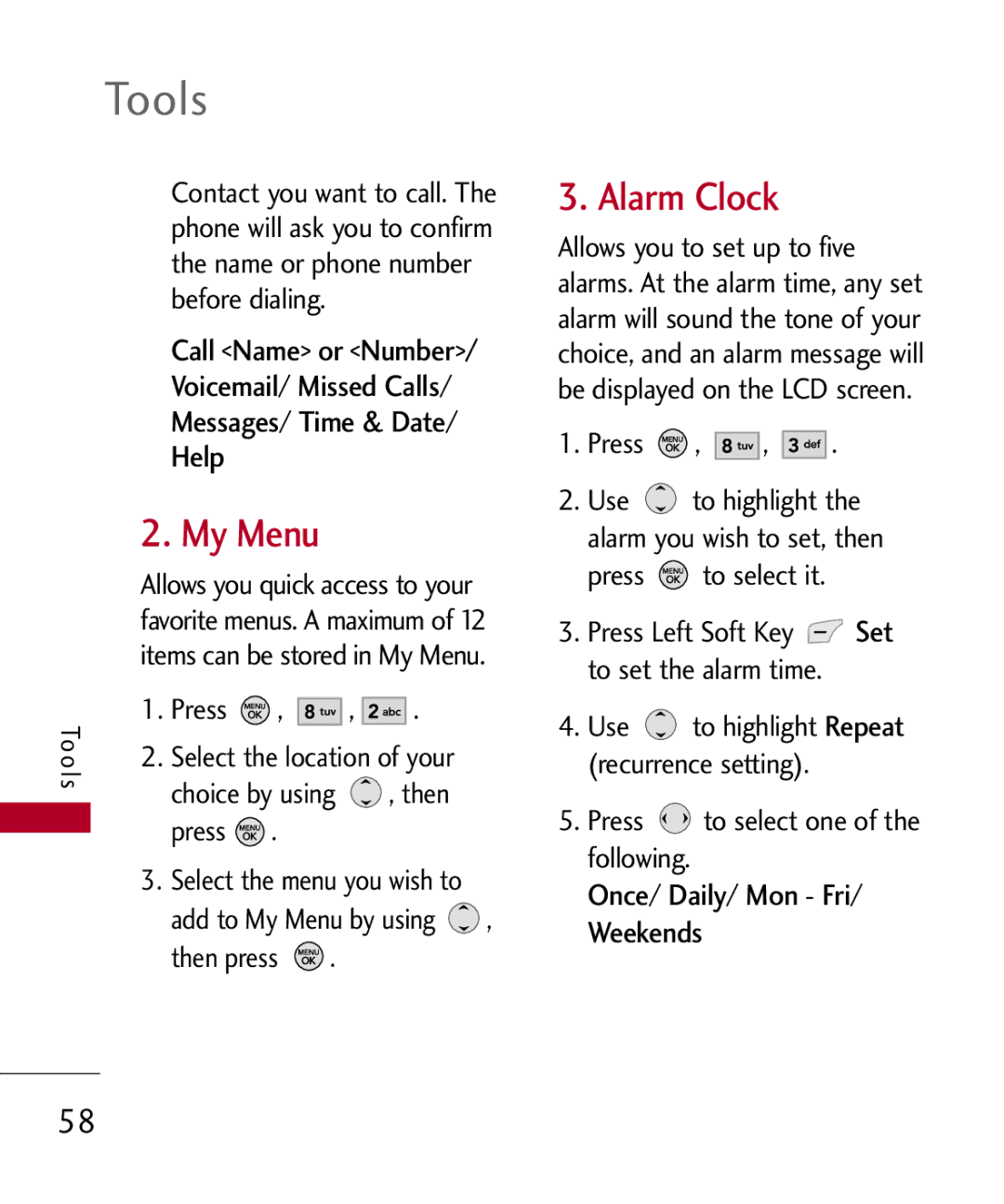 LG Electronics MMBB0309801(1.0) H manual My Menu, Alarm Clock, Voicemail/ Missed Calls Messages/ Time & Date Help 