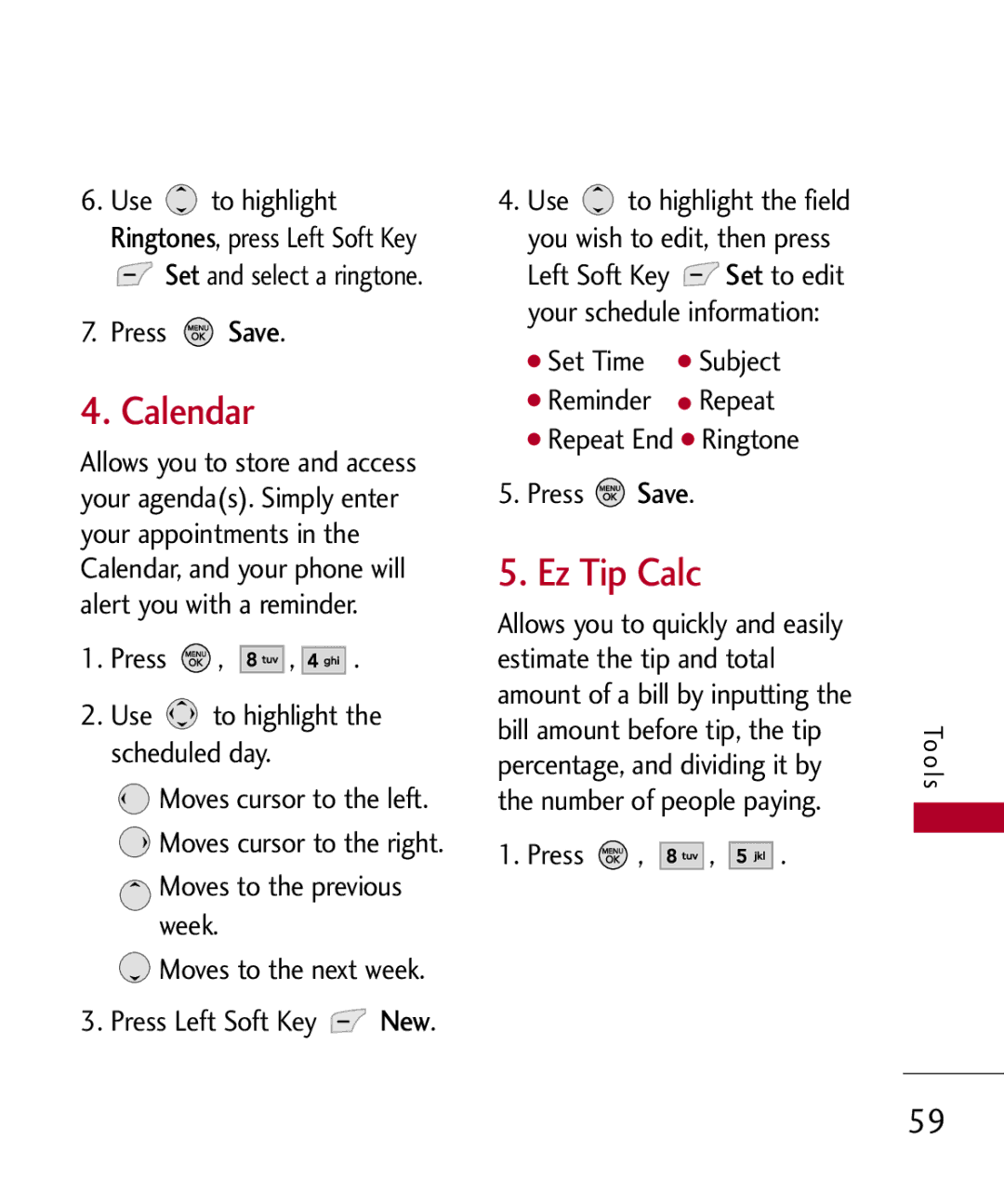 LG Electronics MMBB0309801(1.0) H manual Calendar, Ez Tip Calc, Press Save, Left Soft Key to edit 