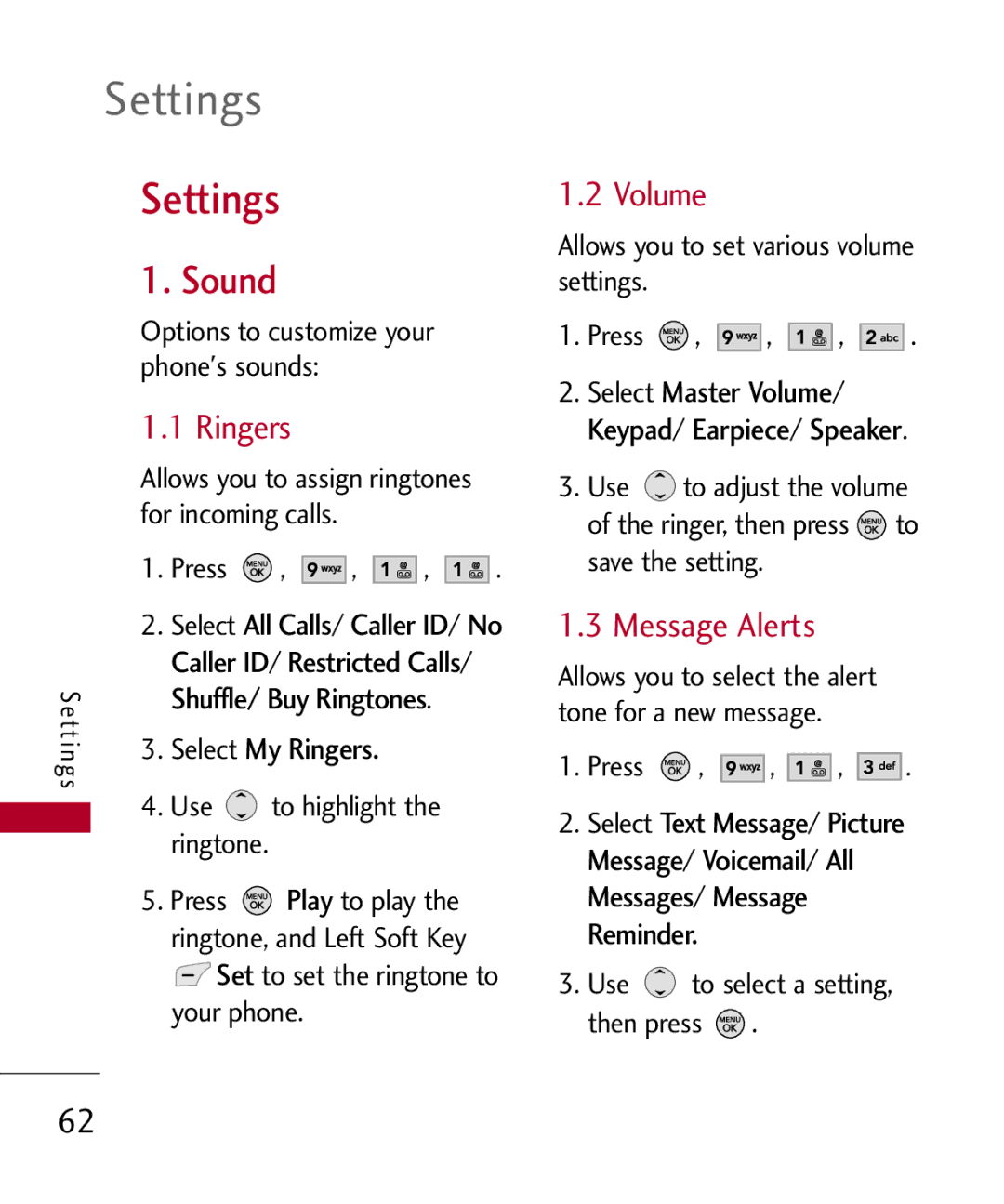 LG Electronics MMBB0309801(1.0) H manual Settings, Sound, Ringers, Volume, Message Alerts 