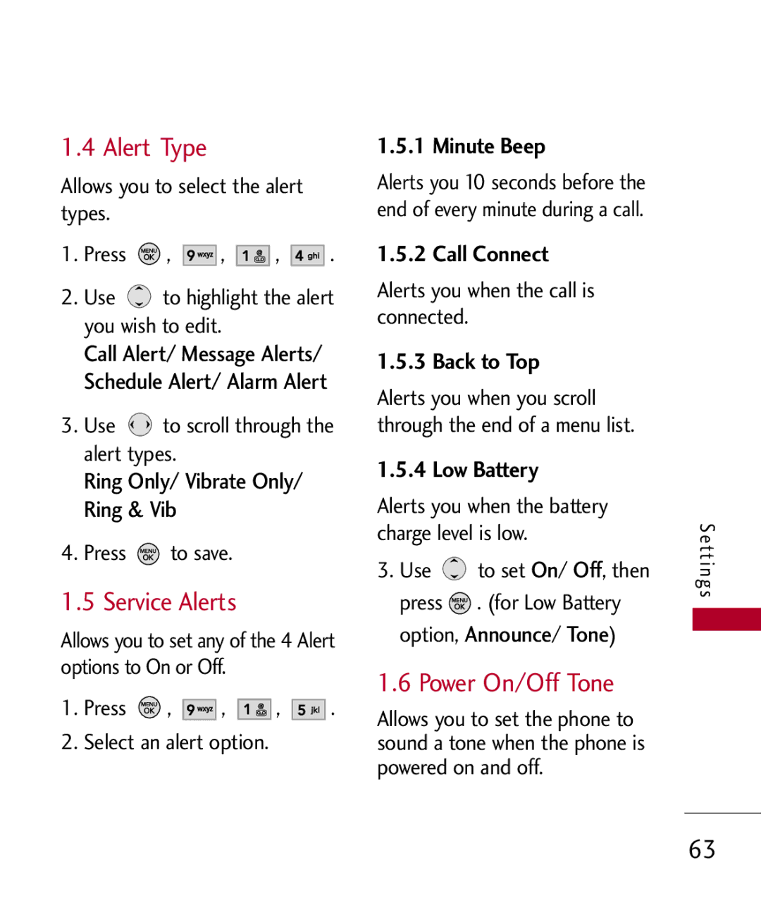 LG Electronics MMBB0309801(1.0) H manual Alert Type, Service Alerts, Power On/Off Tone 