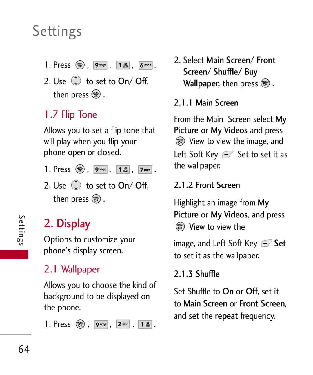 LG Electronics MMBB0309801(1.0) H manual Display, Flip Tone, Picture My Videos, Set 