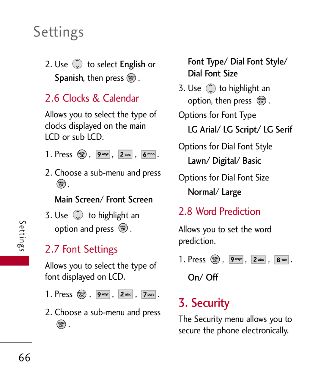 LG Electronics MMBB0309801(1.0) H manual Security, Clocks & Calendar, Word Prediction, Main Screen/ Front Screen 