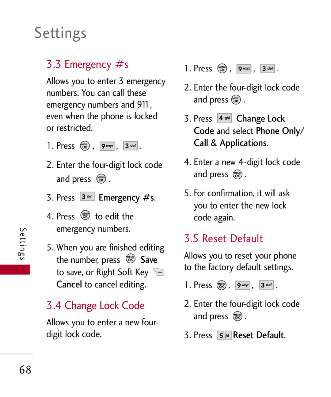 LG Electronics MMBB0309801(1.0) H manual Emergency #s, Change Lock Code, Press Reset Default 