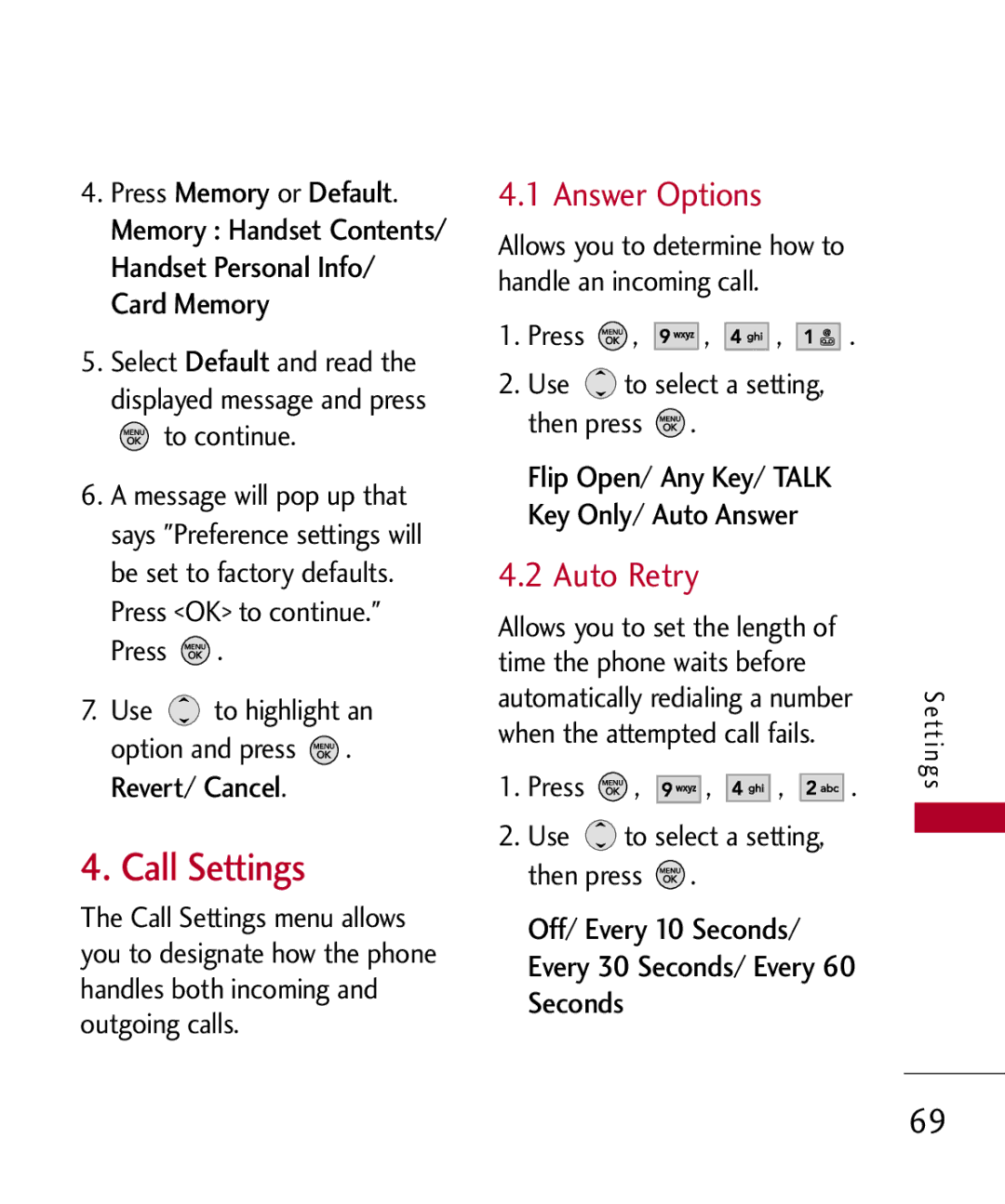 LG Electronics MMBB0309801(1.0) H manual Call Settings, Answer Options, Auto Retry 