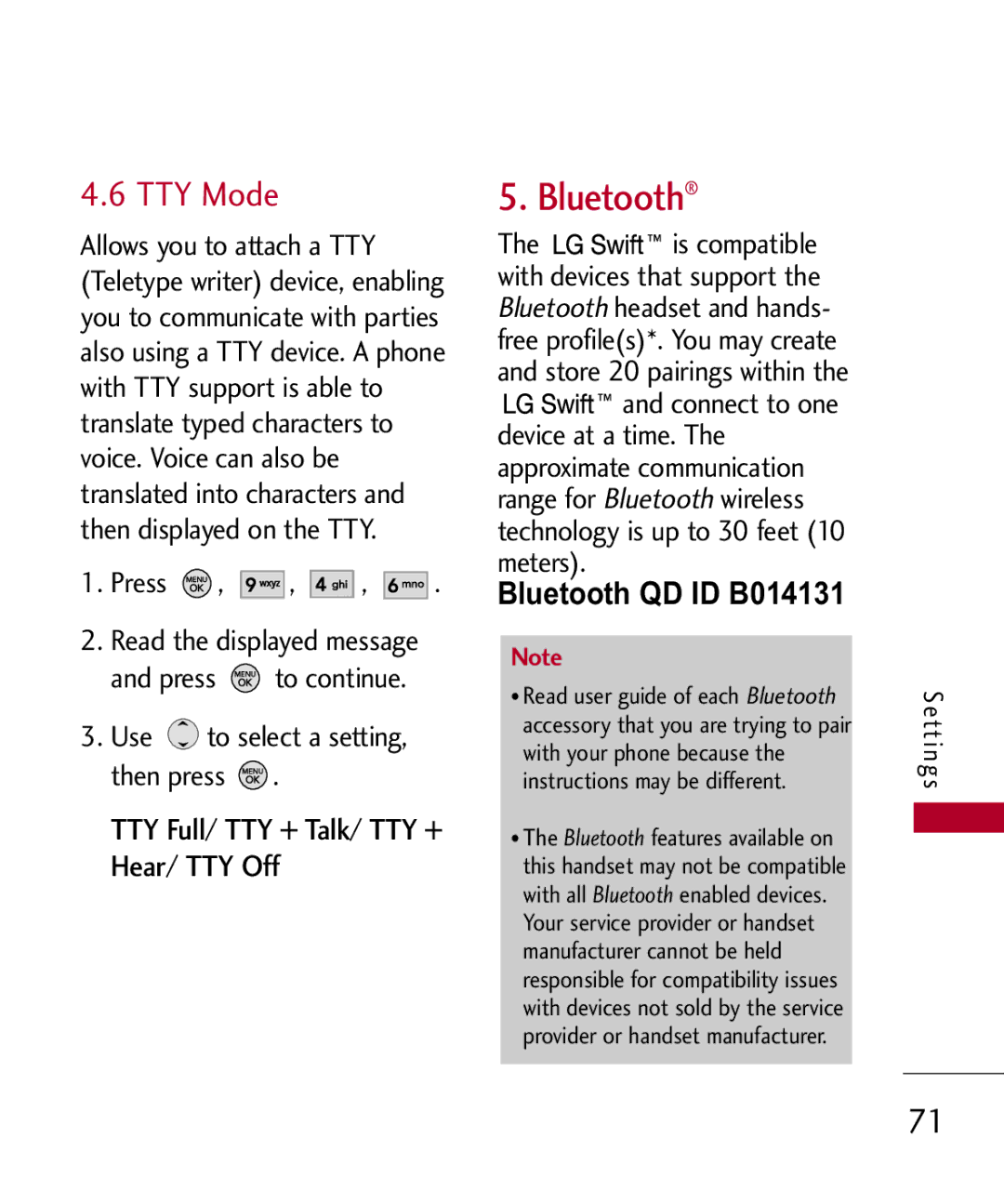 LG Electronics MMBB0309801(1.0) H manual Bluetooth, TTY Mode, TTY Full/ TTY + Talk/ TTY + Hear/ TTY Off 