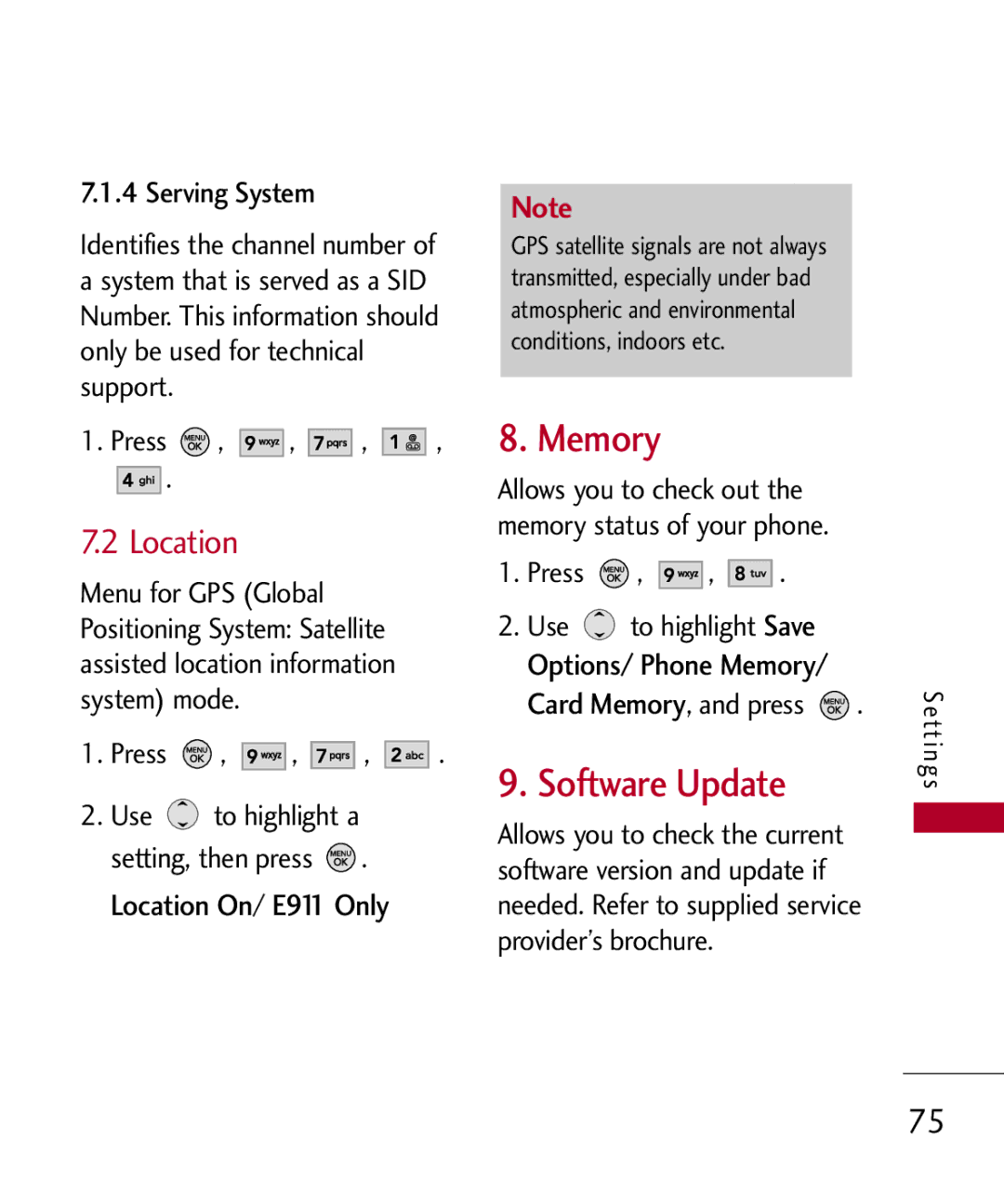 LG Electronics MMBB0309801(1.0) H manual Memory, Software Update, Location, Serving System 