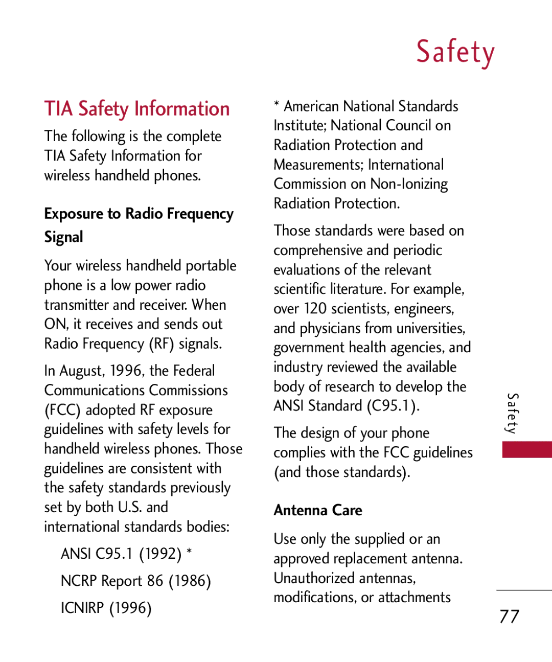 LG Electronics MMBB0309801(1.0) H manual TIA Safety Information, Exposure to Radio Frequency Signal, Antenna Care 