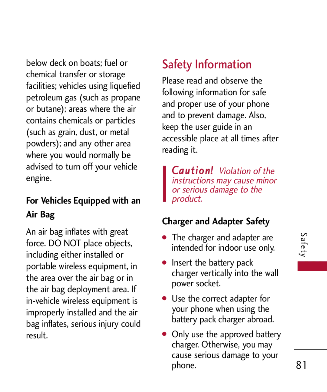 LG Electronics MMBB0309801(1.0) H manual Safety Information, For Vehicles Equipped with an Air Bag 