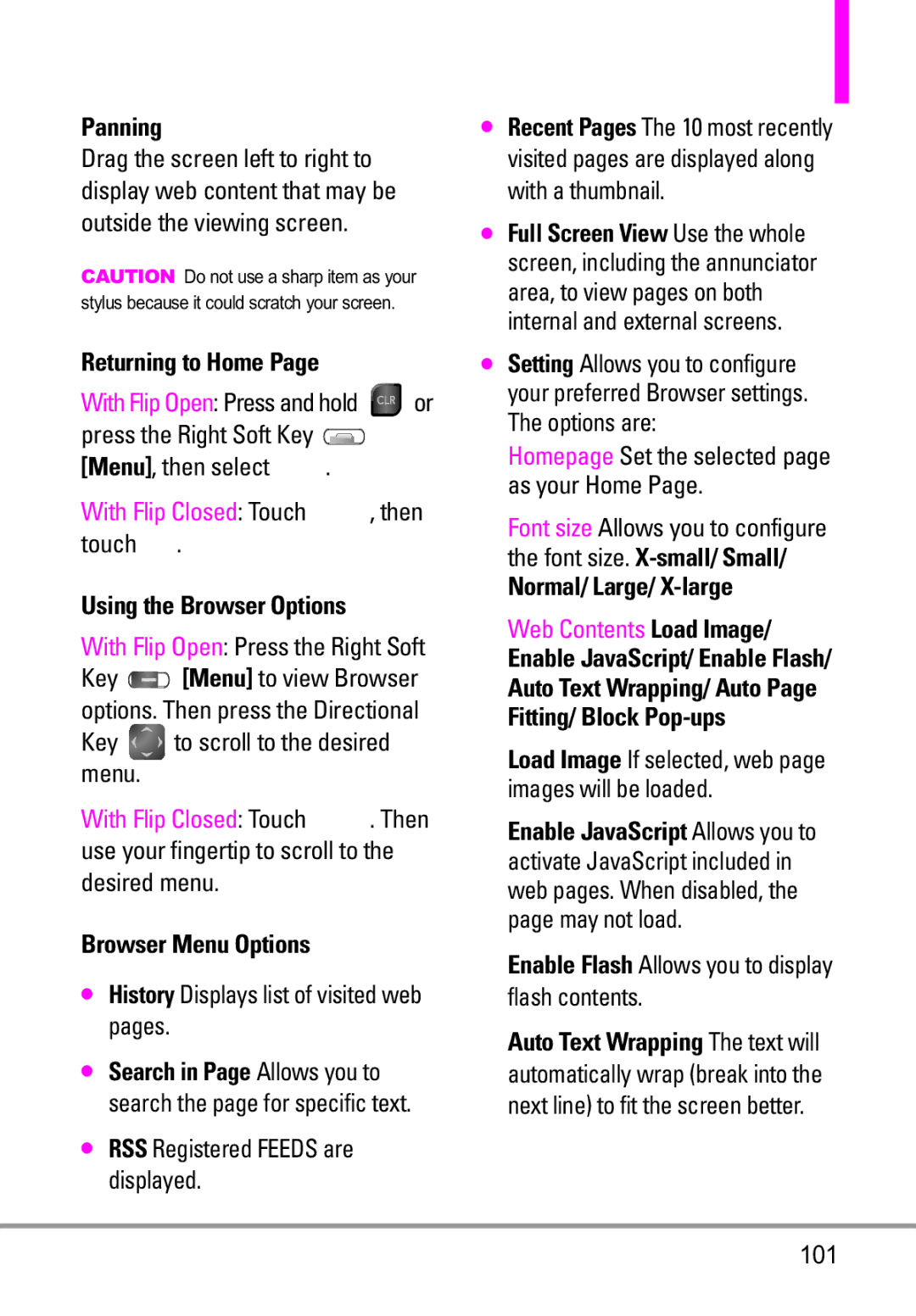LG Electronics MMBB0332901 manual Panning, Returning to Home, Using the Browser Options, Browser Menu Options 