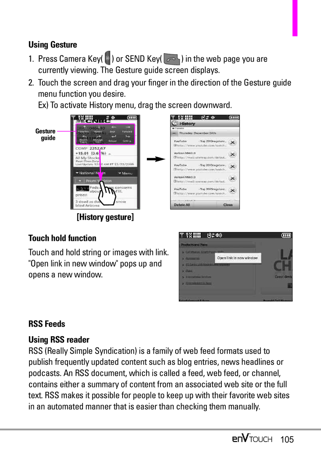 LG Electronics MMBB0332901 manual Using Gesture, History gesture Touch hold function, RSS Feeds Using RSS reader, 105 