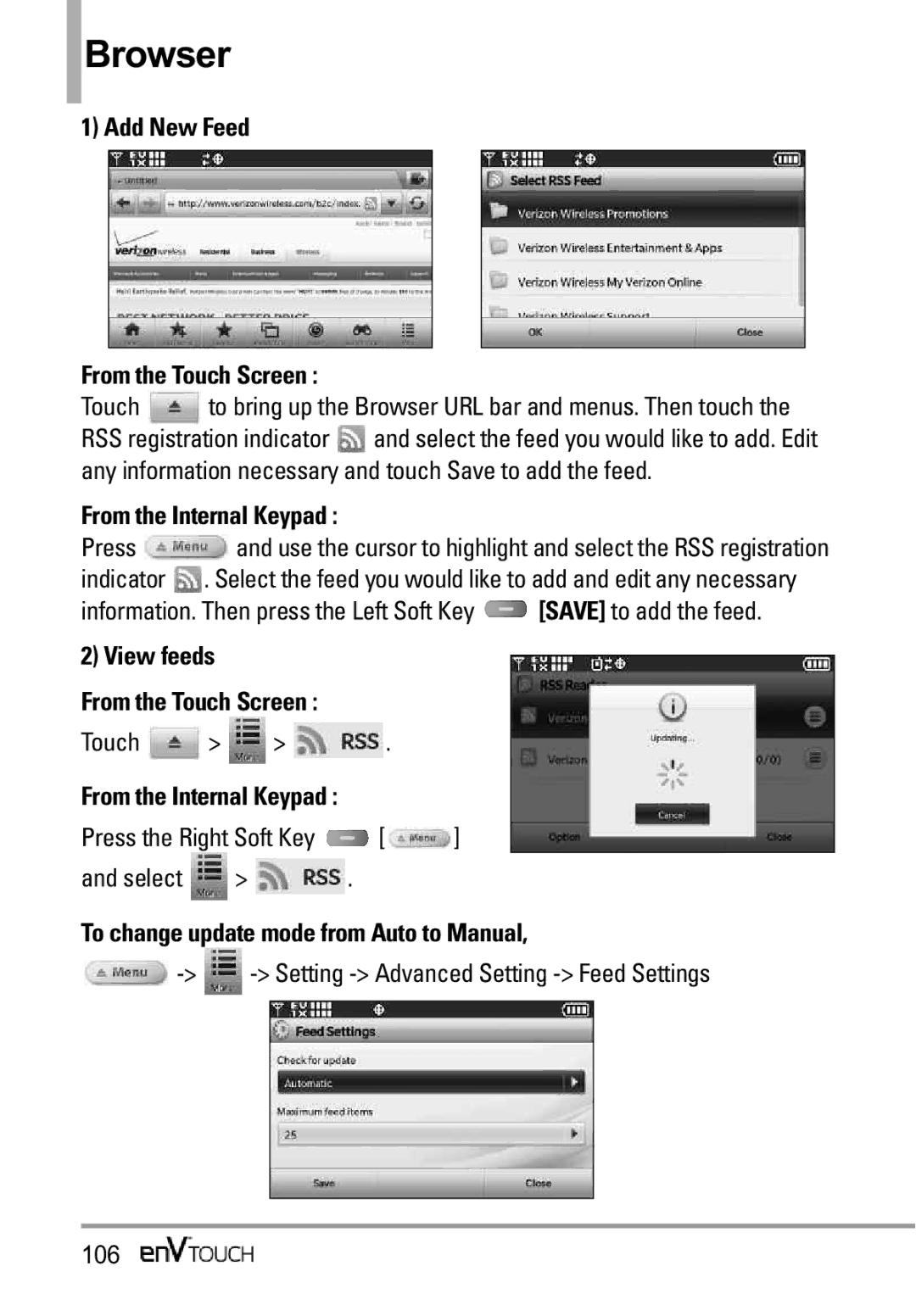 LG Electronics MMBB0332901 Add New Feed From the Touch Screen, From the Internal Keypad, View feeds From the Touch Screen 