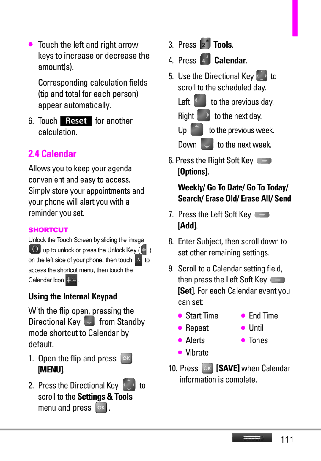 LG Electronics MMBB0332901 manual Press Calendar 