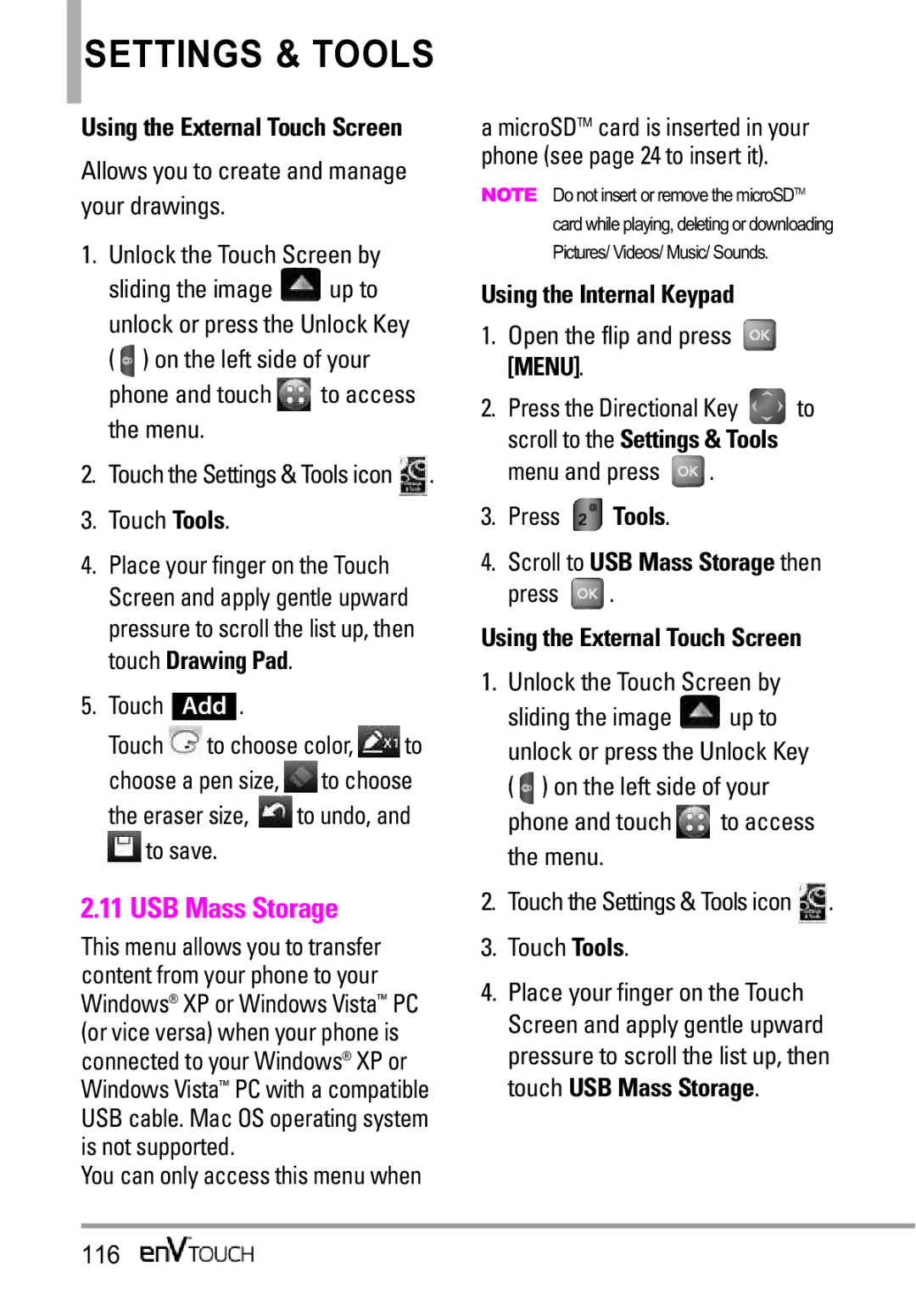 LG Electronics MMBB0332901 manual Touch Add, Eraser size, to undo, and to save, Scroll to USB Mass Storage then, 116 