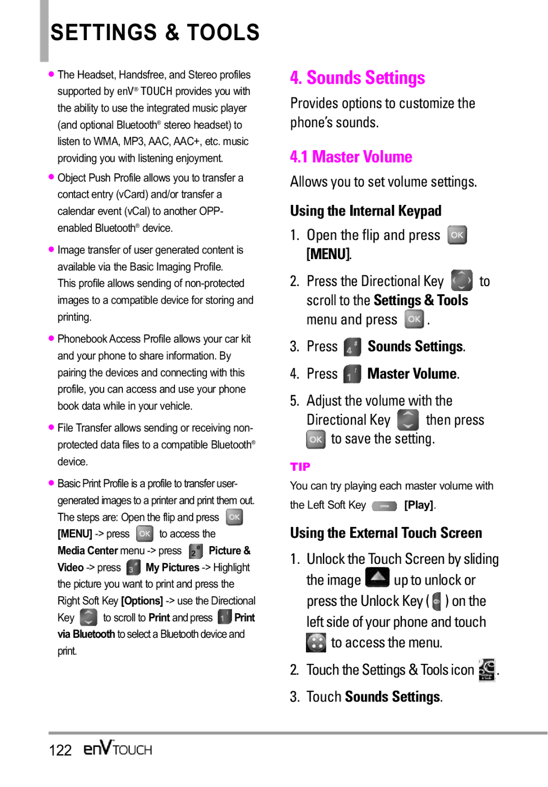 LG Electronics MMBB0332901 manual Press Sounds Settings Press Master Volume, Touch Sounds Settings 