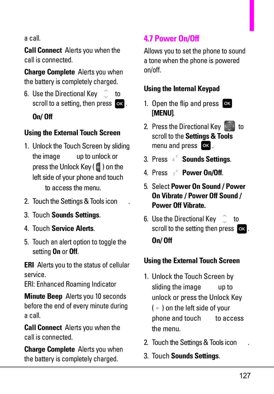 LG Electronics MMBB0332901 manual Power On/Off, Call Connect Alerts you when the call is connected 