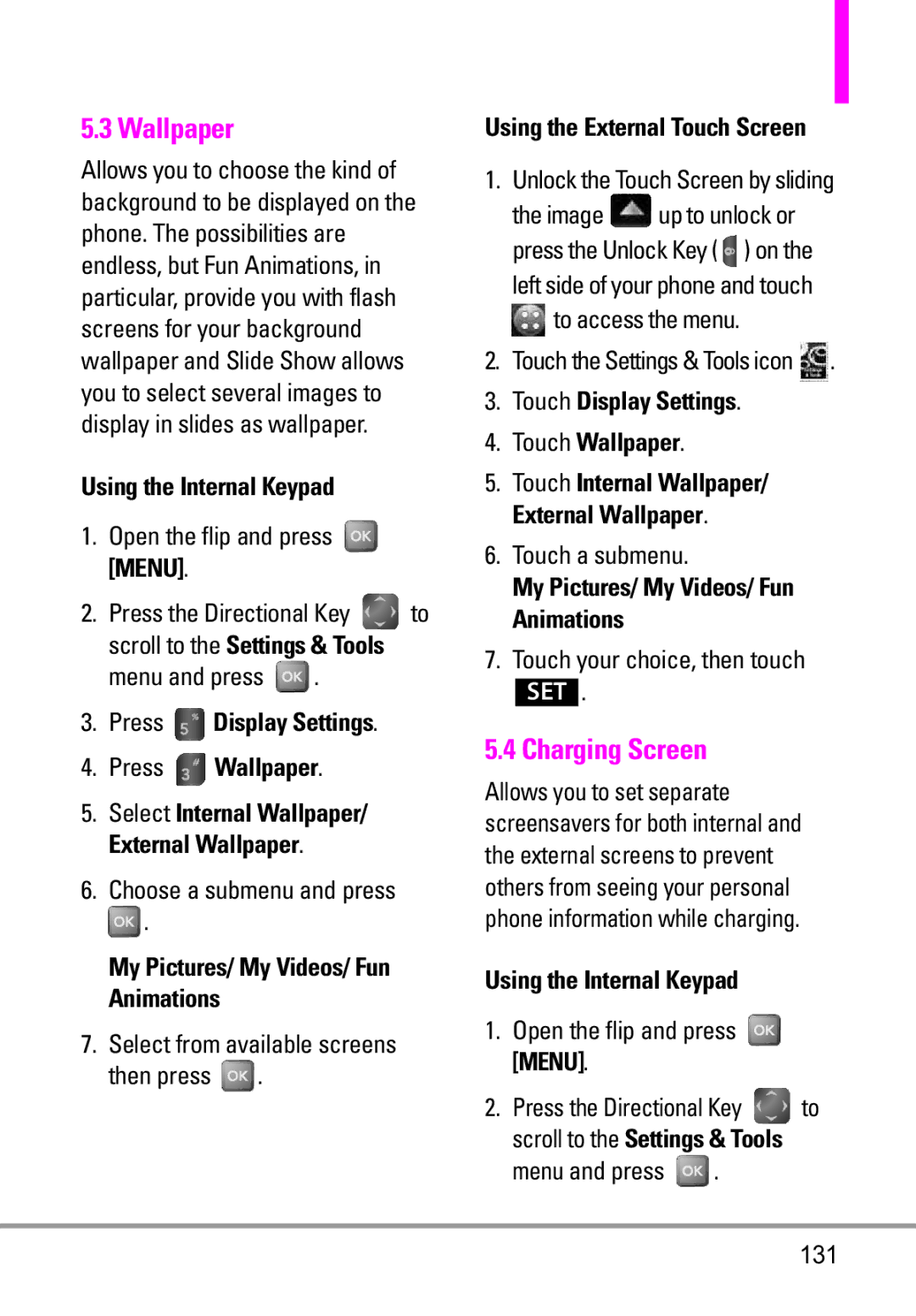 LG Electronics MMBB0332901 manual Charging Screen, Press Display Settings Press Wallpaper 