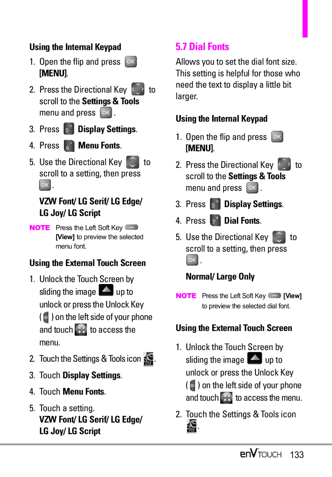 LG Electronics MMBB0332901 Dial Fonts, Press Display Settings Press Menu Fonts, Touch Display Settings Touch Menu Fonts 