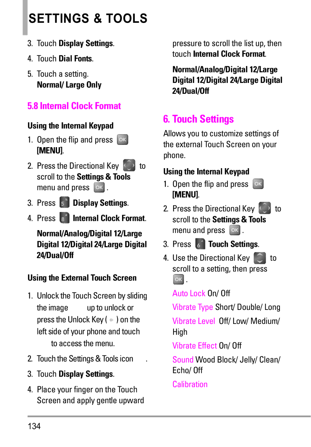 LG Electronics MMBB0332901 manual Touch Settings, Internal Clock Format, Touch Display Settings Touch Dial Fonts 