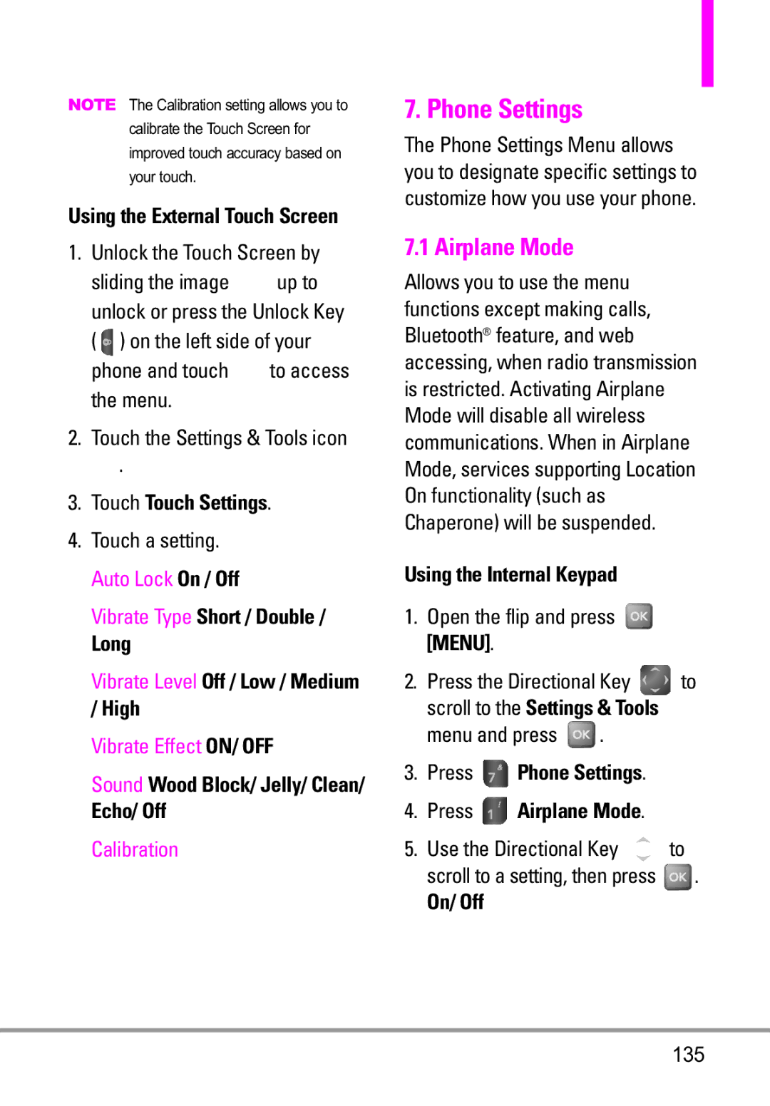 LG Electronics MMBB0332901 manual Phone Settings, Airplane Mode, Vibrate Type Short / Double Long, Echo/ Off 