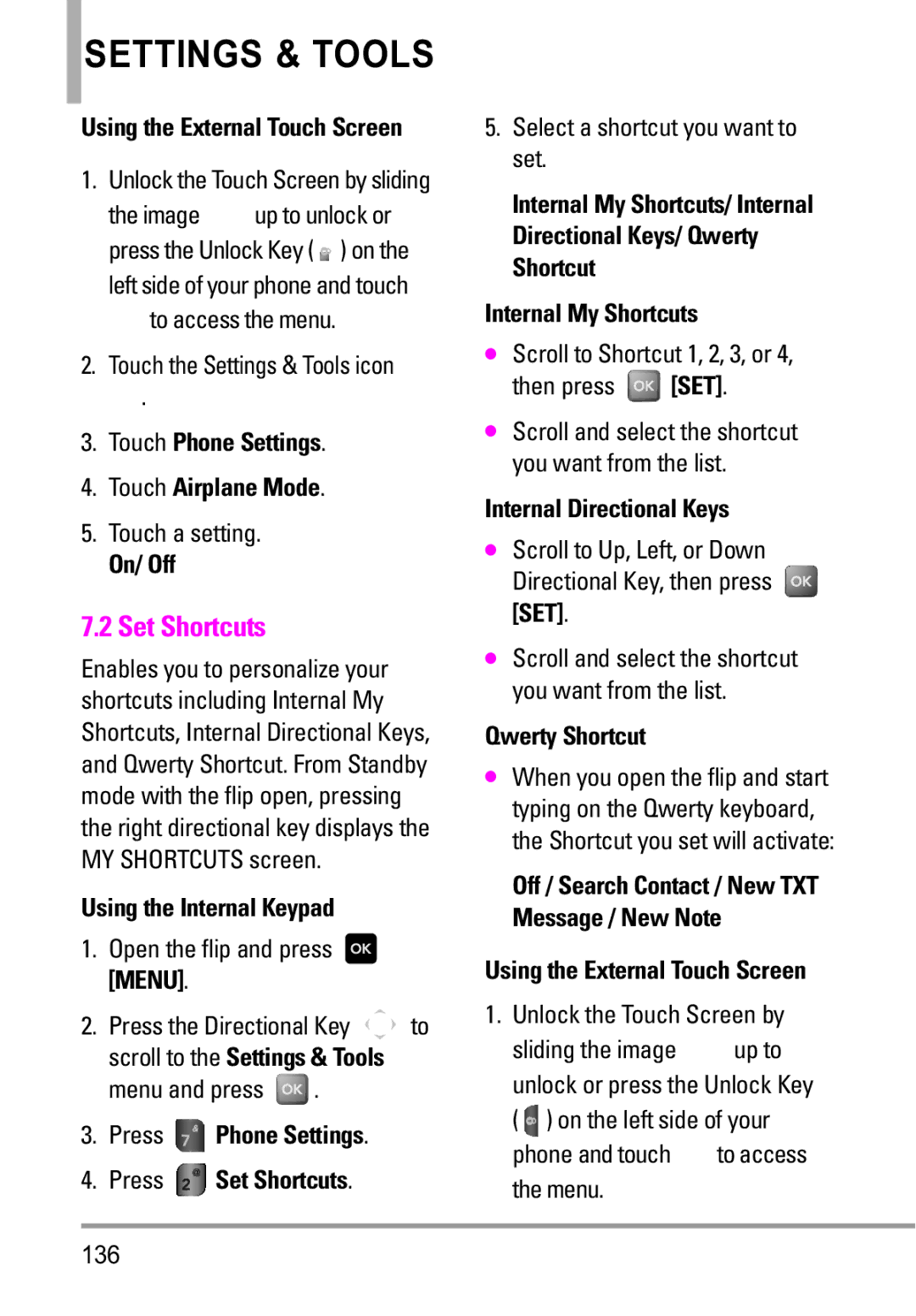 LG Electronics MMBB0332901 manual Set Shortcuts, Touch Phone Settings Touch Airplane Mode, Internal Directional Keys 