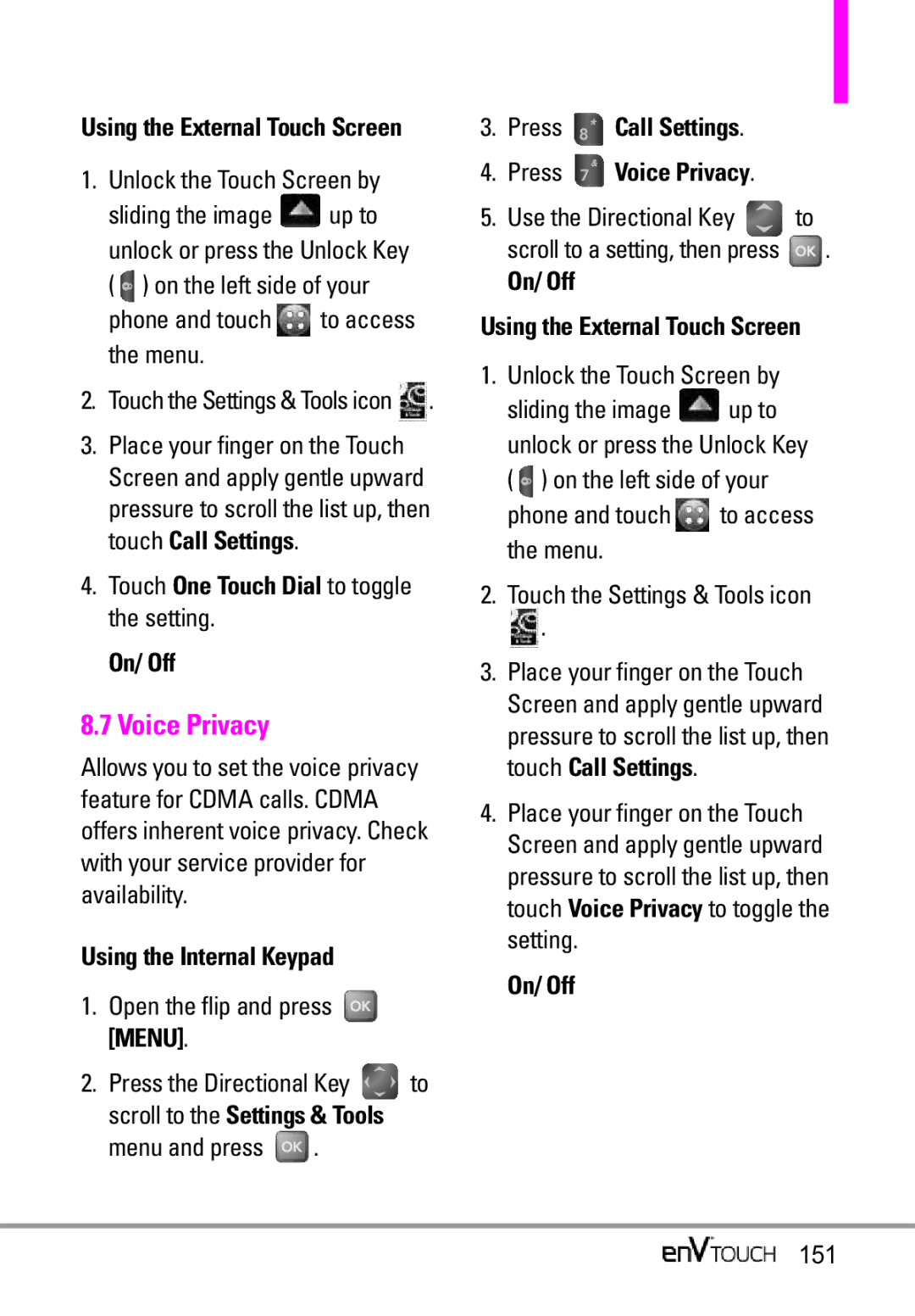 LG Electronics MMBB0332901 manual Voice Privacy, Touch One Touch Dial to toggle the setting On/ Off, 151 