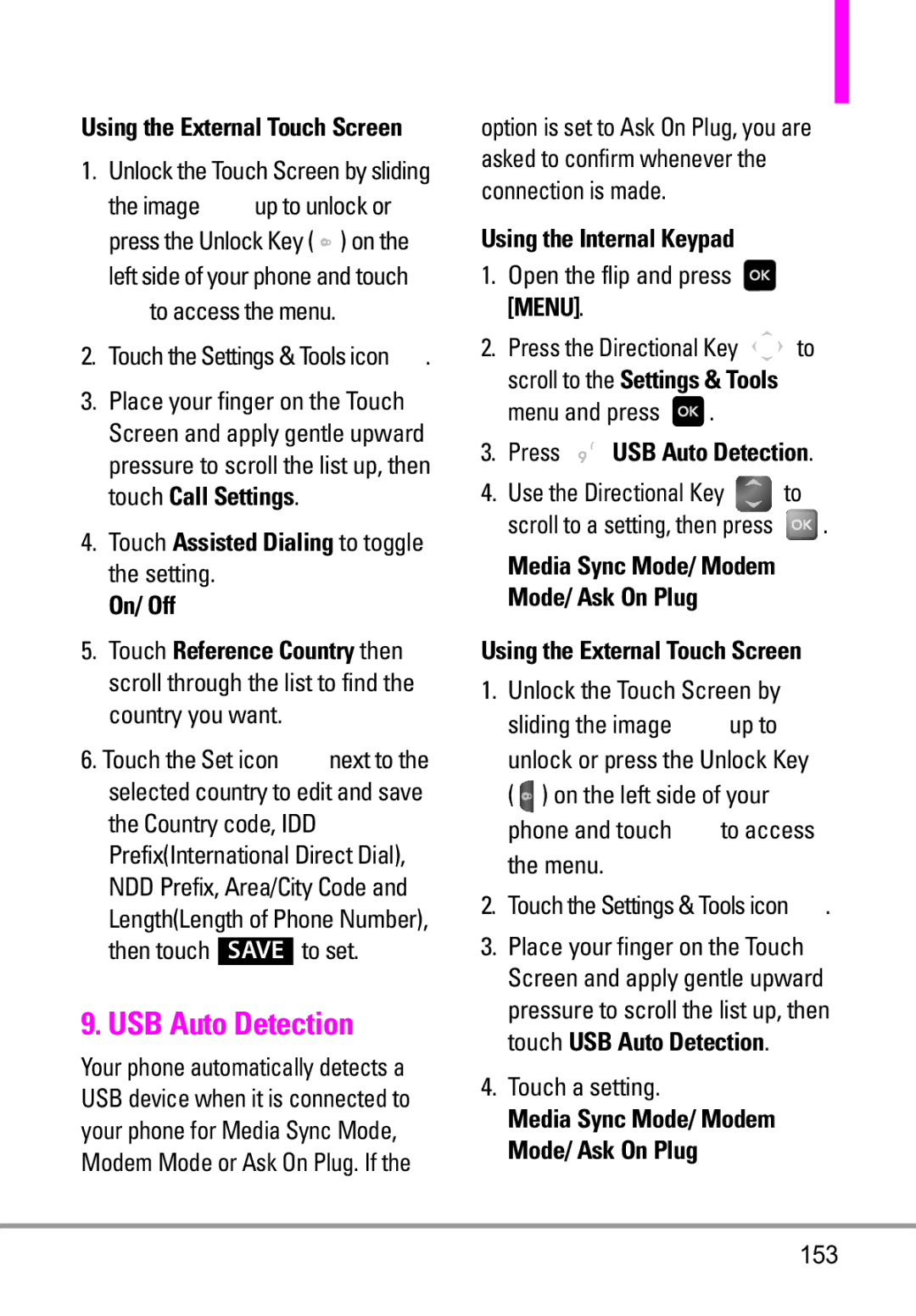 LG Electronics MMBB0332901 manual USB Auto Detection, Touch Assisted Dialing to toggle the setting On/ Off, 153 