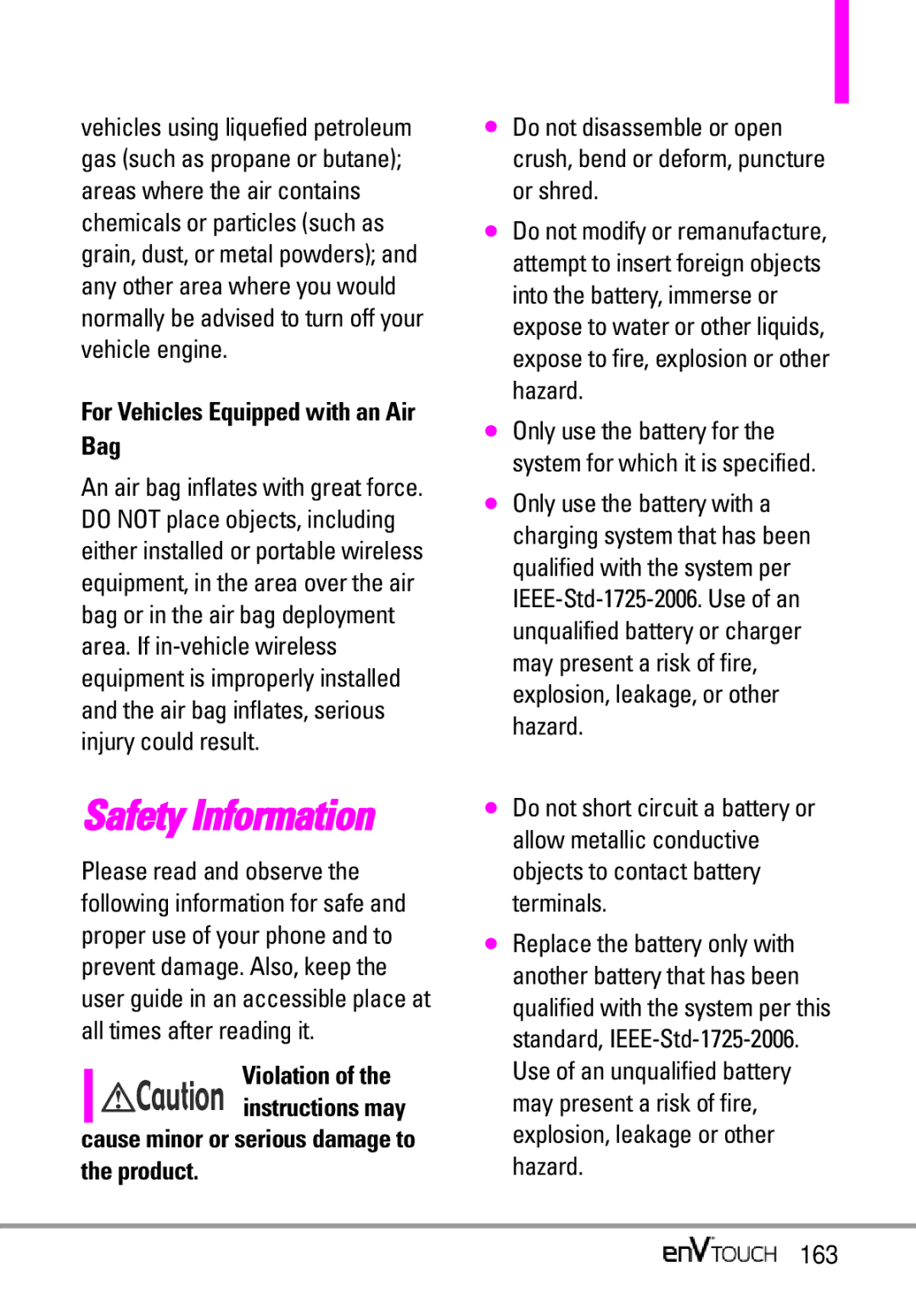 LG Electronics MMBB0332901 manual For Vehicles Equipped with an Air Bag, Violation, 163 