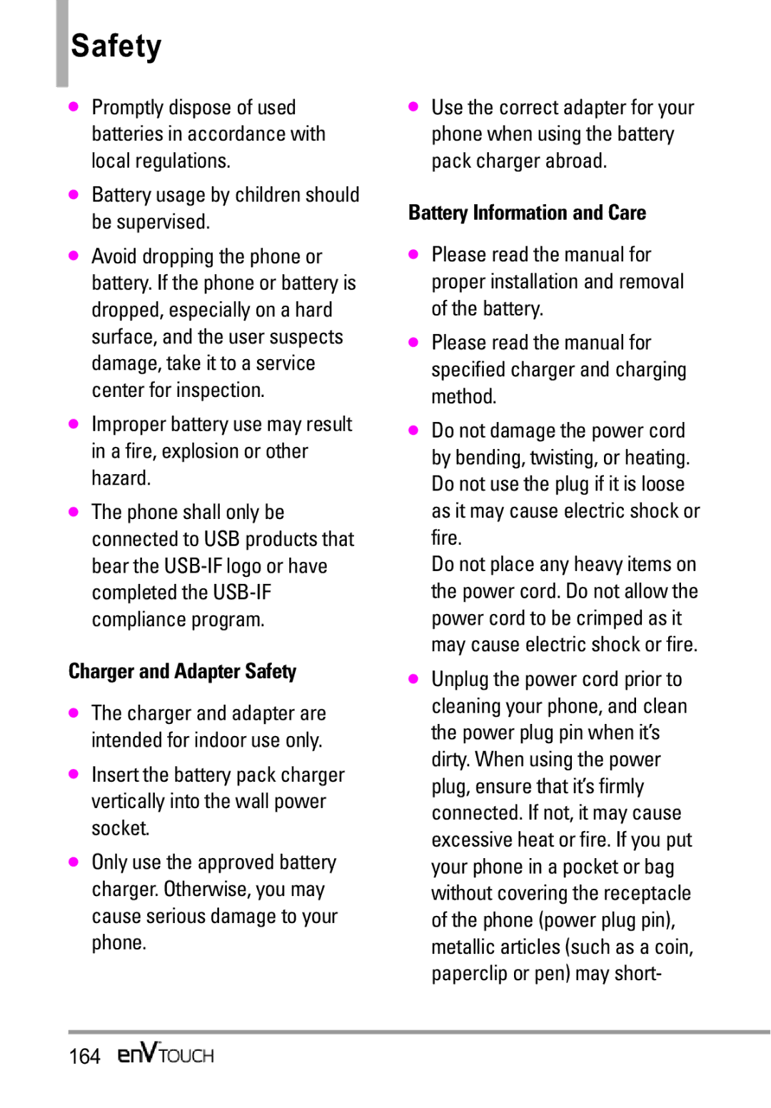 LG Electronics MMBB0332901 manual Battery usage by children should be supervised, Charger and Adapter Safety, 164 