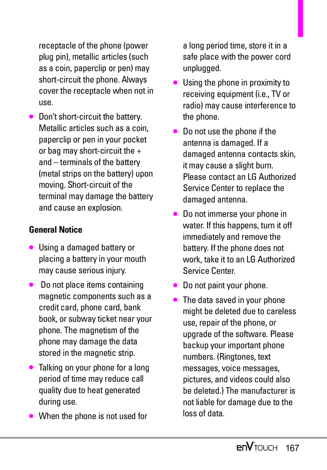 LG Electronics MMBB0332901 manual General Notice, Do not paint your phone, 167 