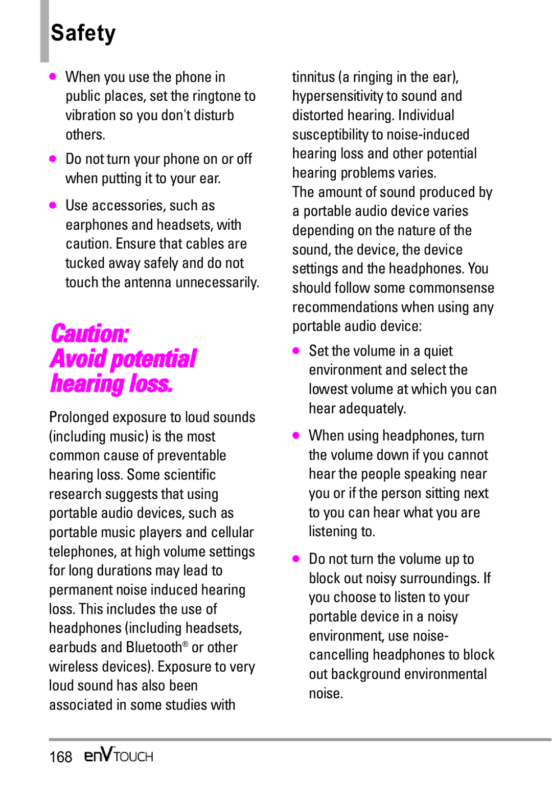 LG Electronics MMBB0332901 manual Avoid potential hearing loss, 168 