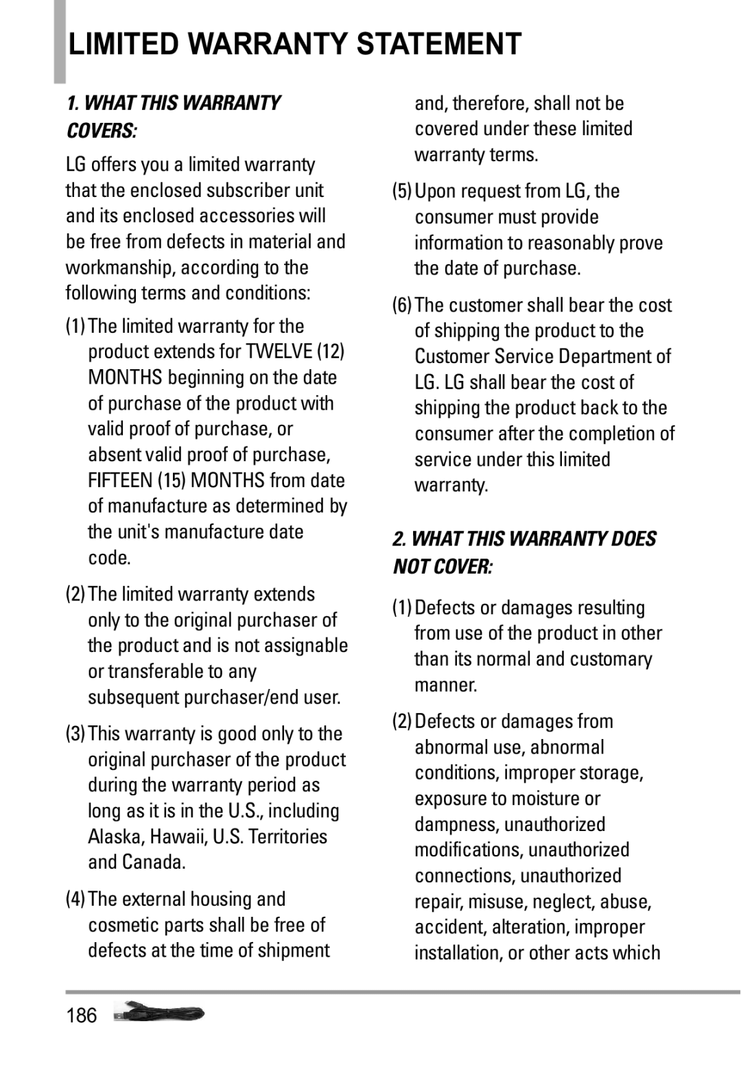 LG Electronics MMBB0332901 manual Limited Warranty Statement, 186 