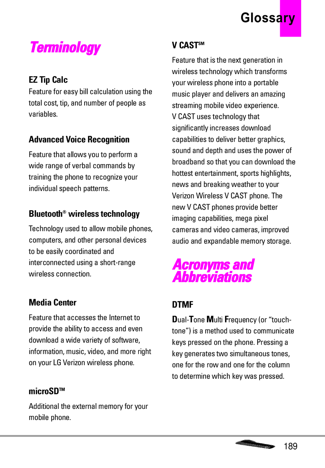 LG Electronics MMBB0332901 manual Glossary, EZ Tip Calc, Advanced Voice Recognition, Media Center, MicroSDTM 