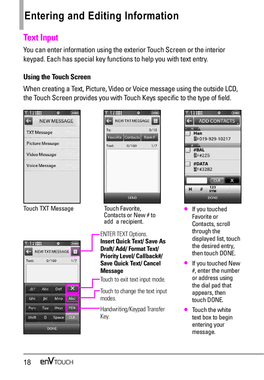 LG Electronics MMBB0332901 manual Entering and Editing Information, Text Input, Using the Touch Screen 