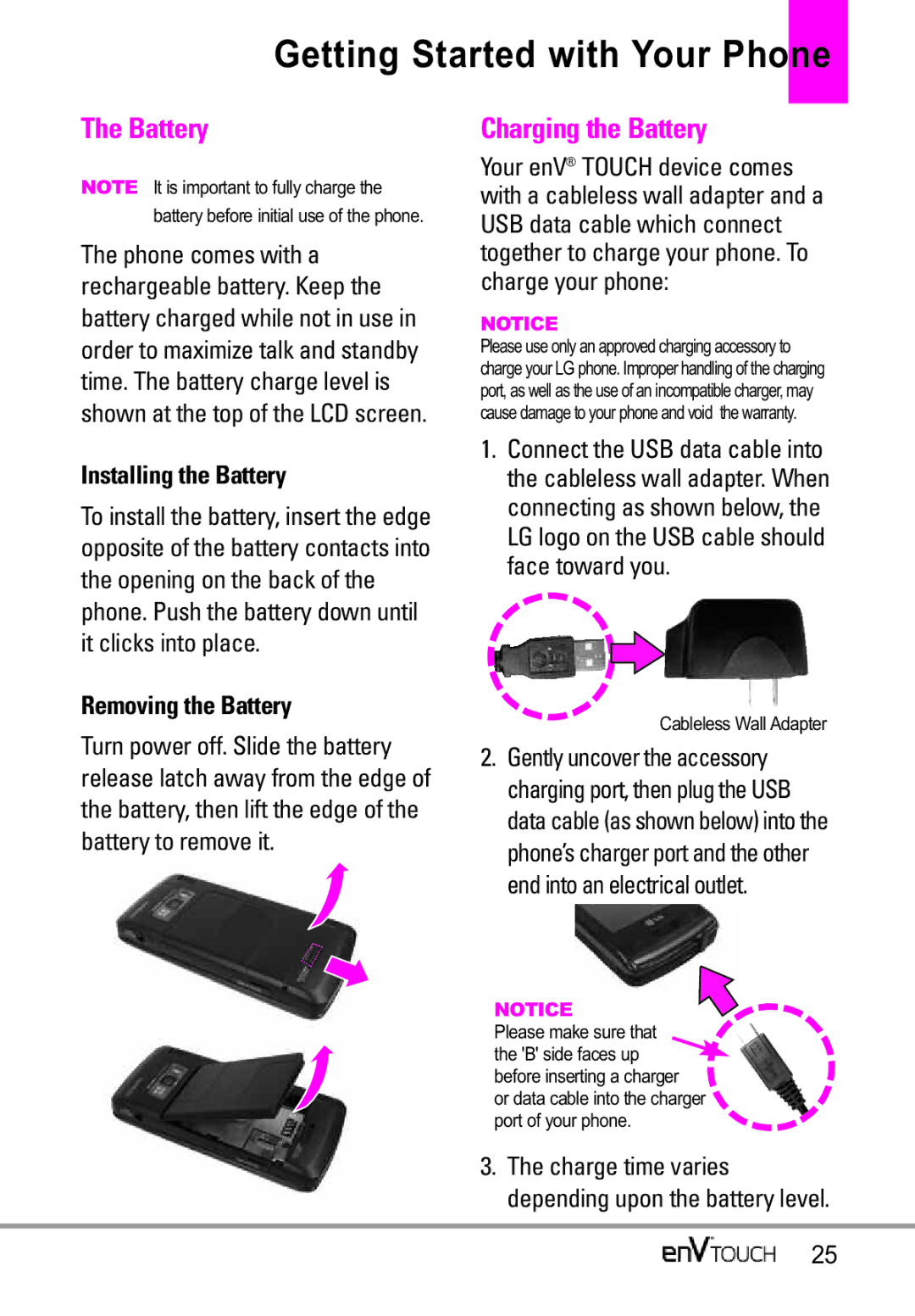 LG Electronics MMBB0332901 manual Getting Started with Your Phone, Charging the Battery, Installing the Battery 