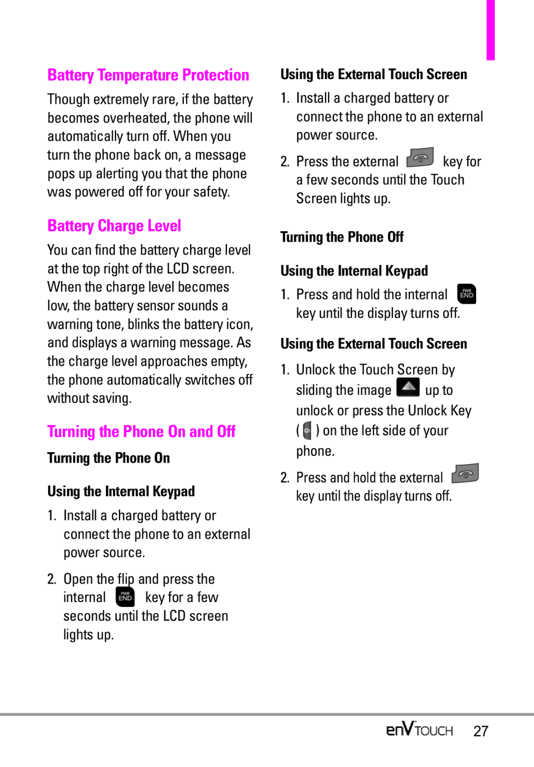 LG Electronics MMBB0332901 manual Battery Charge Level, Turning the Phone On and Off 