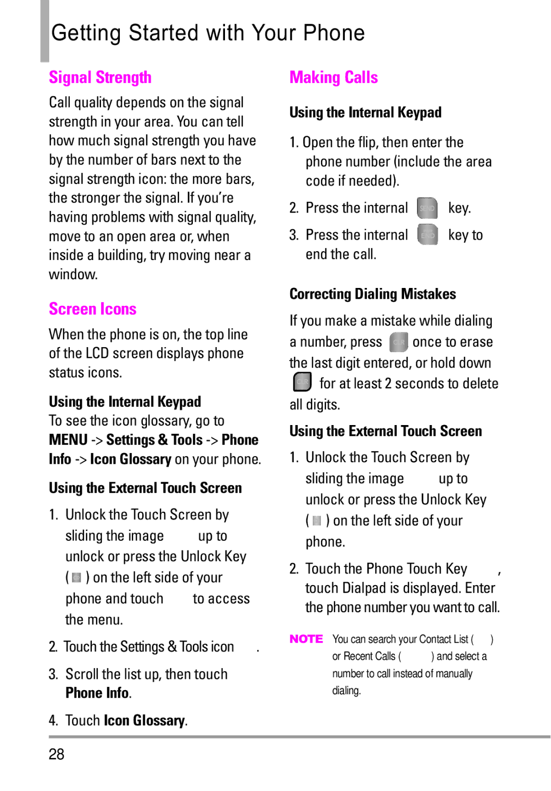 LG Electronics MMBB0332901 Signal Strength, Screen Icons, Making Calls, Touch Icon Glossary, Correcting Dialing Mistakes 