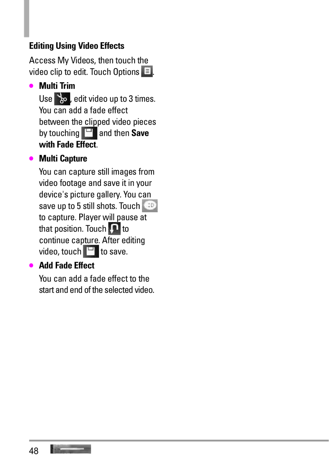 LG Electronics MMBB0332901 manual Editing Using Video Effects, Multi Trim, Multi Capture, Add Fade Effect 