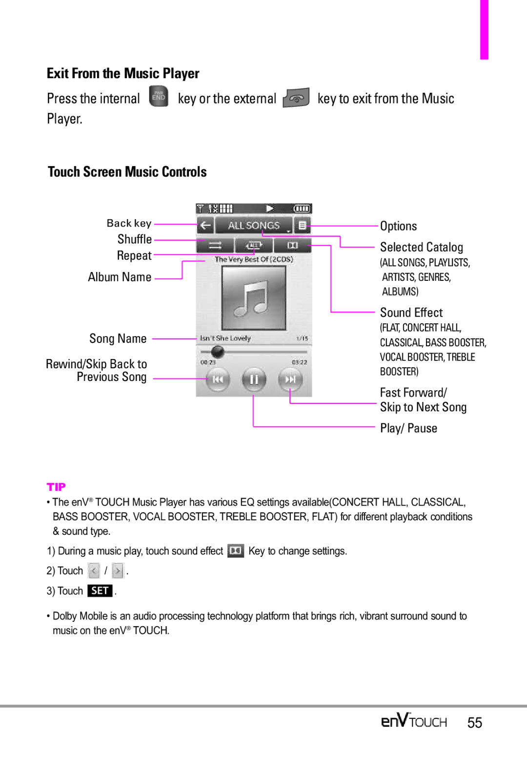 LG Electronics MMBB0332901 manual Exit From the Music Player, Touch Screen Music Controls 