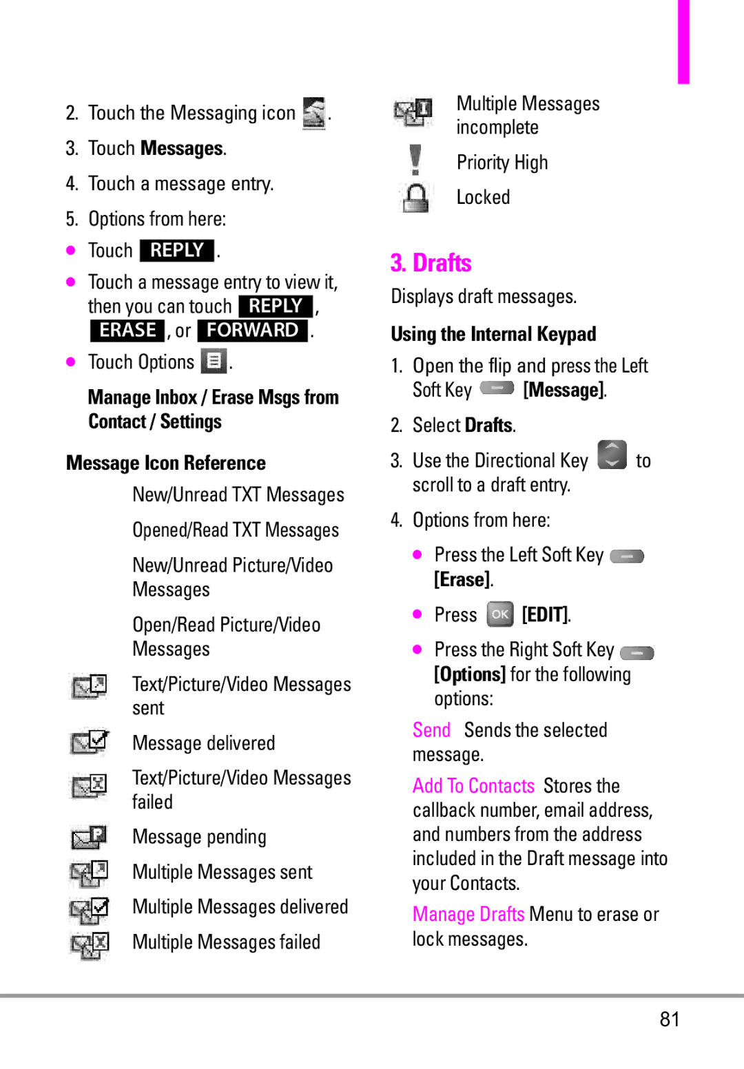 LG Electronics MMBB0332901 manual Touch Messages, Message Icon Reference, Manage Drafts Menu to erase or lock messages 