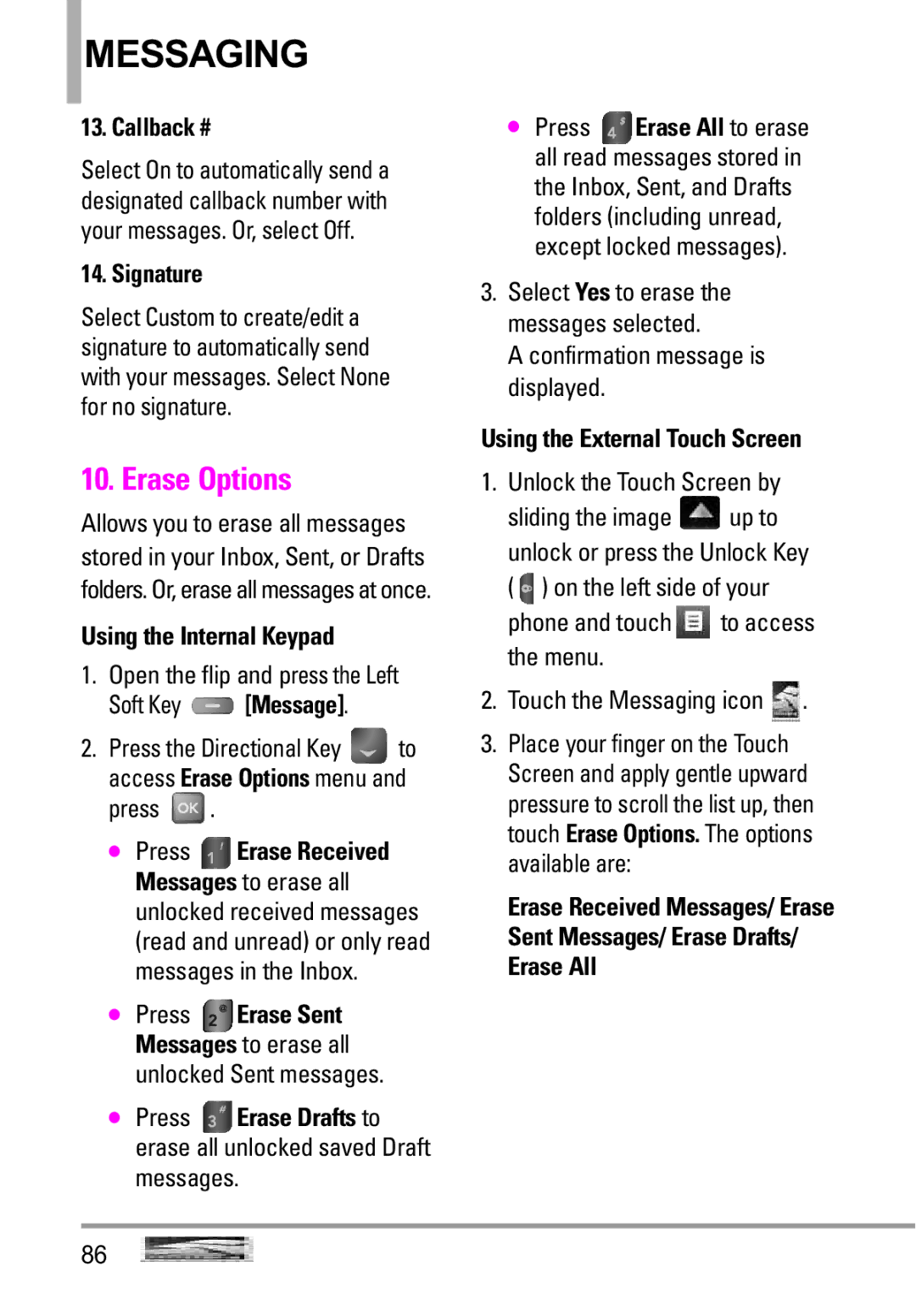 LG Electronics MMBB0332901 manual Erase Options, Callback #, Signature 