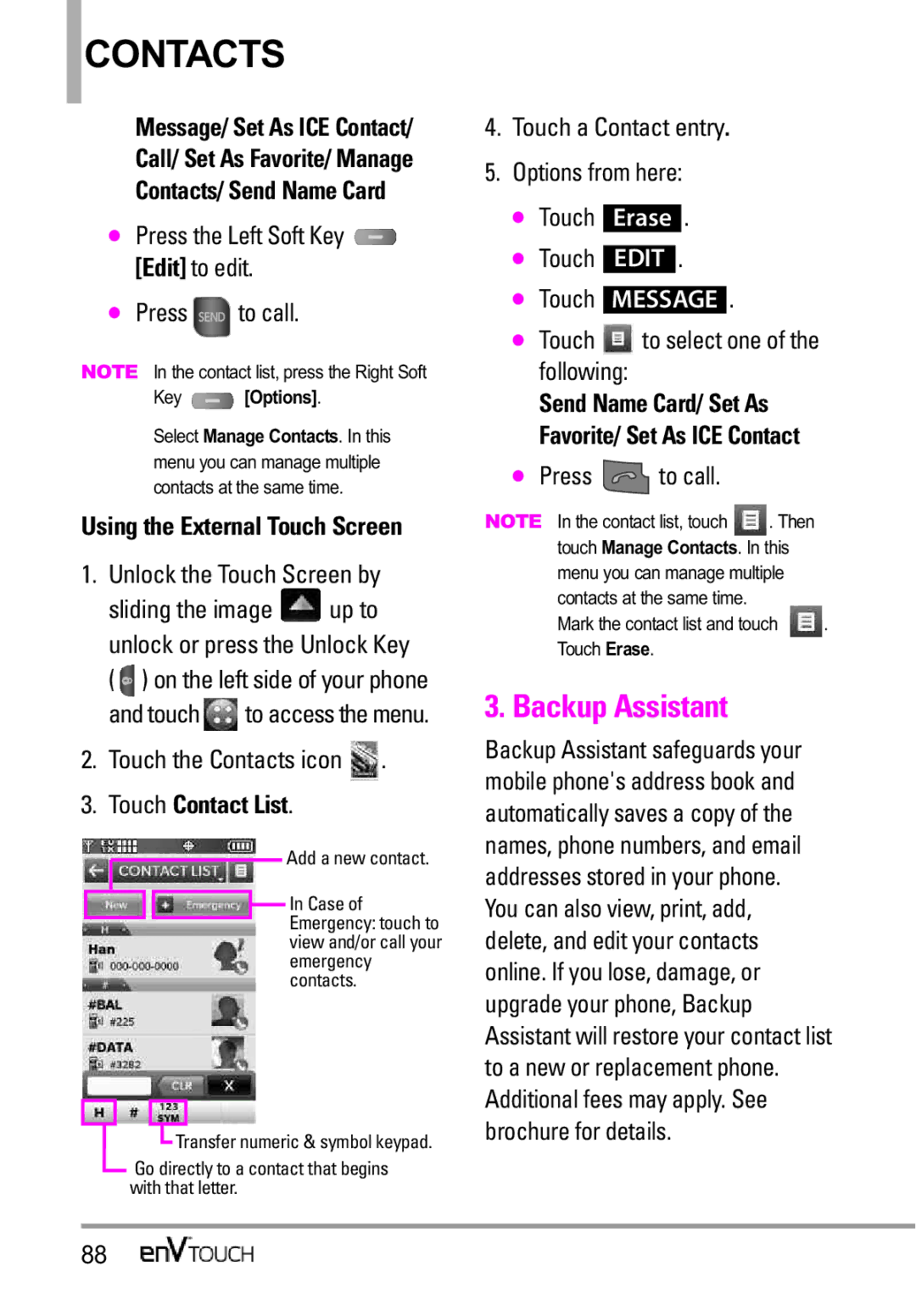 LG Electronics MMBB0332901 Backup Assistant, Contacts/ Send Name Card, Press the Left Soft Key Edit to edit Press to call 