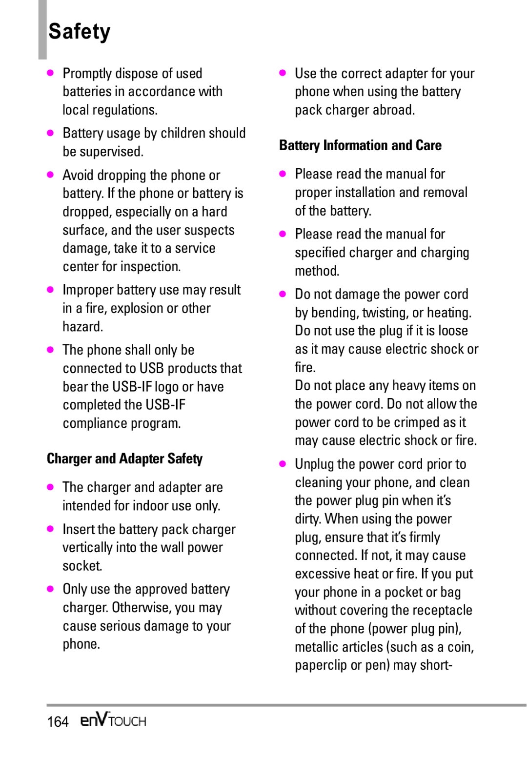 LG Electronics MMBB0332901 manual Charger and Adapter Safety, Battery Information and Care 